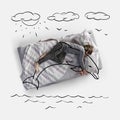 Creative image. Top view of young woman lying on bed, sleeping, dreaming of huggind dolphin