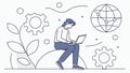 Creative individual with laptop, surrounded by gears and global network connections, vector design Generative AI Royalty Free Stock Photo
