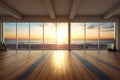 Wide large window oak wooden room gallery opening to beach sunset landscape. Template for product presentation Royalty Free Stock Photo