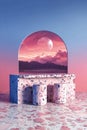 Creative interior design with a surreal backdrop featuring mountain scenery and a large lunar element at sunset Royalty Free Stock Photo