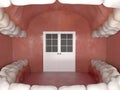 Creative interior inside the human oral cavity. Doors inside an open mouth. Dental office. Dental care and orthodontic concept. 3D