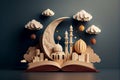 Creative Islamic holiday story template. Dessert scenery displayed on an open book. Eid Mubarak