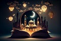 Creative Islamic holiday story template. Dessert scenery displayed on an open book. Eid Mubarak