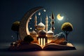 Creative Islamic holiday story template. Dessert scenery displayed on an open book. Eid Mubarak