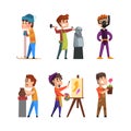 Creative job, profession or hobby set. Skier, sculptor, diver, potter, painter, gardener vector illustration