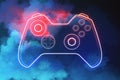 Creative joystick or gamepad hologram on blue smoke background. Esport, gaming and fun concept. 3D Rendering