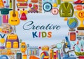 Creative kids background with 3d paper cut signs. Children creativity concept. Vector illustration. Royalty Free Stock Photo