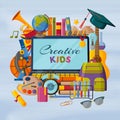 Creative kids background with 3d paper cut signs. Children creativity concept. Vector illustration. Royalty Free Stock Photo