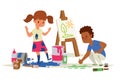 Creative kids banner vector illustration. Girl and boy drawing, painting, sketching on easel. Education, enjoyment