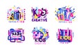Creative Kids Logo Design Set, Children Creative, Science Class, Education Colorful Labels Cartoon Vector Illustration