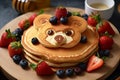 Creative kids meals. Children's breakfast pancakes smiling face of the teddy bear strawberry blueberry , cute food