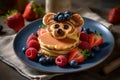 Creative kids meals. Children's breakfast pancakes smiling face of the teddy bear strawberry blueberry , cute food