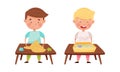 Creative kids playing Montessori educational games set. Boys playing and experimenting with sand and water cartoon Royalty Free Stock Photo