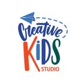 Creative kids studio flat vector logo. Cartoon paper plane with lettering isolated on white background. Art center