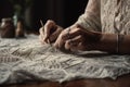 creative knitter or crocheter, working on intricate and delicate piece of textiles Royalty Free Stock Photo