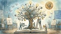 Creative knowledge tree with gears lightbulbs and people in an art studio Royalty Free Stock Photo