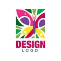 Creative label design with abstract butterfly and floral elements. Colorful ornament in flat style. Vector element for Royalty Free Stock Photo