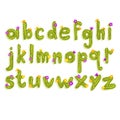 Latin alphabet made of green cactus with blooming flowers. English letters from A to Z. Flat vector font for poster