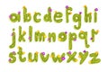 Latin alphabet made of green cactus with blooming flowers. English letters from A to Z. Flat vector font for poster