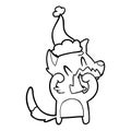 A creative laughing fox line drawing of a wearing santa hat