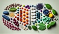 Creative layout of colorful pills and capsules. Minimal medical concept. Pharmaceutical. Flat lay, top view