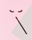 Creative layout with eyelashes and brush mascara. Closed eyes on pastel pink background.