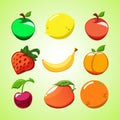 Creative layout of fruit and berries. Red and green apples, strawberries, lemon, orange, cherry, peach, mango and banana on a