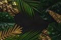 Creative layout with gold and green tropical palm leaves on black background. Minimal summer abstract pattern