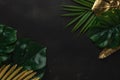 Creative layout with gold and green tropical palm leaves on black background. Minimal summer abstract pattern Royalty Free Stock Photo