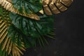 Creative layout with gold and green tropical palm leaves on black background. Minimal summer abstract pattern Royalty Free Stock Photo