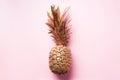 Creative layout. Gold pineapple on pink background with copy space. Top view. Tropical flat lay. Exotic food concept, crazy trend