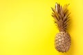 Creative layout. Gold pineapple on yellow background with copy space. Top view. Tropical flat lay. Exotic food concept, crazy