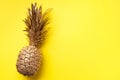 Creative layout. Gold pineapple on yellow background with copy space. Top view. Tropical flat lay. Exotic food concept, crazy