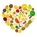 Creative layout with heart shape of various fruits. Heart made from grapes, peach, watermelon, melon, strawberry, lemon, apple, pl