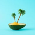 Creative layout made of avocado fruits and palm trees on blue background. Tropical beach concept. Royalty Free Stock Photo
