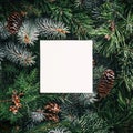 Creative layout made of Christmas tree branches with paper card note, pine cones. Xmas and New Year theme. Flat lay, top view Royalty Free Stock Photo