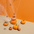 Creative Layout Made Of Cobweb And Spiders On Autumn Colors Background With Copy Space