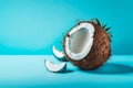 Creative layout made of coconut. Flat lay. Food concept. Macro concept. Blue background. Generative AI