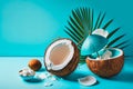 Creative layout made of coconut. Flat lay. Food concept. Macro concept. Blue background. Generative AI