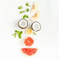 Creative layout made coconut, grapefruit, watermelon, whole, lemon and mint