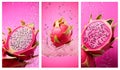 Creative layout made of dragonfruit in water splashes. Dragonfruit assortment on pink background with water drops. Colorful