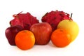 Creative layout made of fruits. Apple, orange, pear, dragonfruit on the white background.