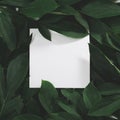 Creative layout made of green leaves with empty blank for note on black background. Top view. Royalty Free Stock Photo