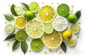 Creative layout made of lime, lemon, lime slices and leaves isolated on white background. Flat lay, top view, copy space Royalty Free Stock Photo