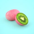 Creative layout made of pink kiwi on blue background.