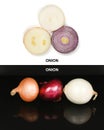 Creative layout made of three onion bulbs of different colors red, yellow and white