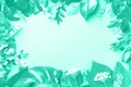 Creative layout made of tropical leaves in mint color. Trendy green and turquoise color. Flat lay. Top view. Mock up