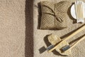 Creative layout made of two toothbrushes, natural soap, cootton buds and pads on sunlit background with towels. Morning routine Royalty Free Stock Photo