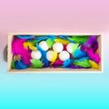 Creative layout made of white chicken eggs in wooden box with colorful feathers trendy neon colors on pink blue color background. Royalty Free Stock Photo