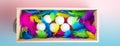 Creative layout made of white chicken eggs in wooden box with colorful feathers trendy neon colors on pink blue color background. Royalty Free Stock Photo